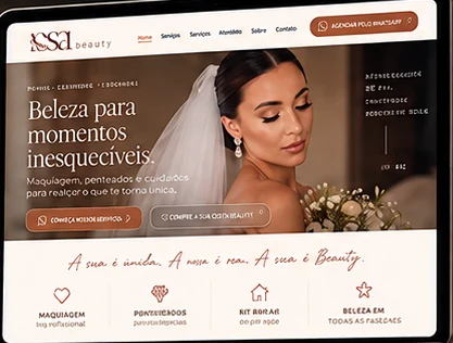 Conceito de site da A Casa Beauty: página inicial com noiva e a chamada “Beleza para momentos inesquecíveis”