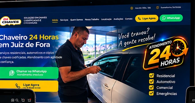 Conceito de site da Cia das Chaves: chaveiro 24 horas em Juiz de Fora, com botões de ligação e WhatsApp