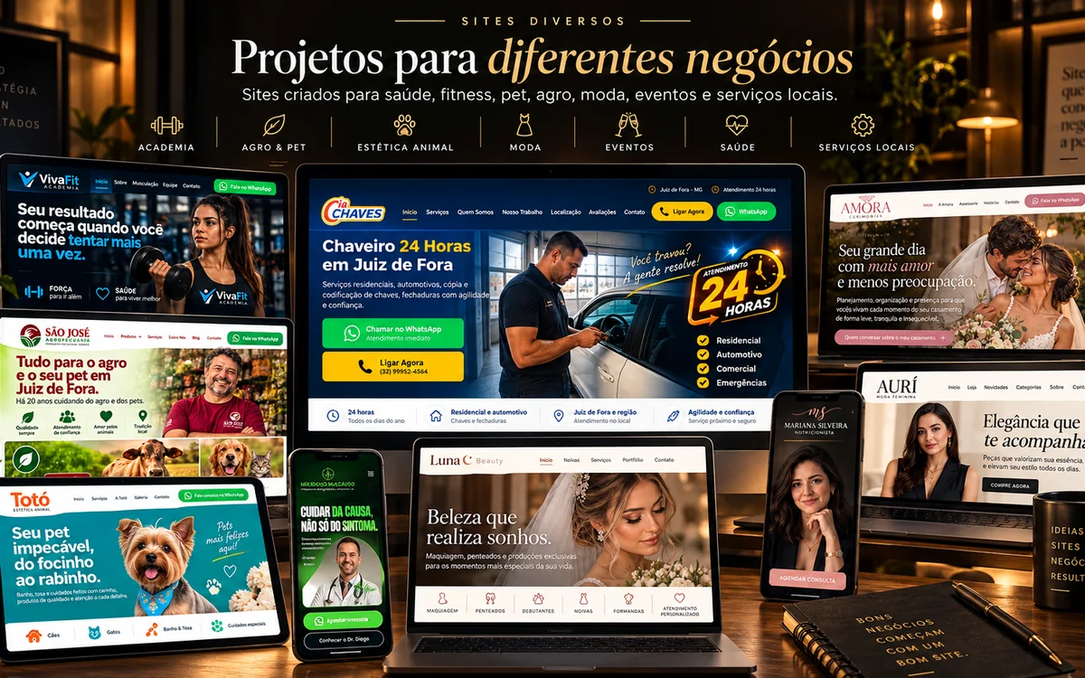 Mockups de sites para diferentes negócios em computadores, tablets e celulares: academia, agro e pet, estética animal, moda, eventos, saúde e serviços locais