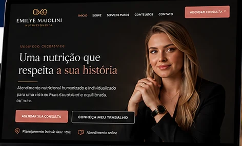 Conceito de site da nutricionista Emilye Maiolini: página inicial com retrato e a chamada “Uma nutrição que respeita a sua história”