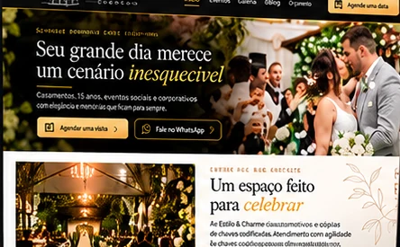 Conceito de site da Estilo & Charme: página inicial com casal de noivos e a chamada “Seu grande dia merece um cenário inesquecível”