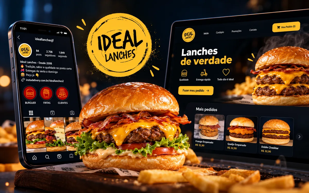 Conceito da Ideal Lanches: perfil no Instagram e site com cardápio digital, ao lado de um hambúrguer