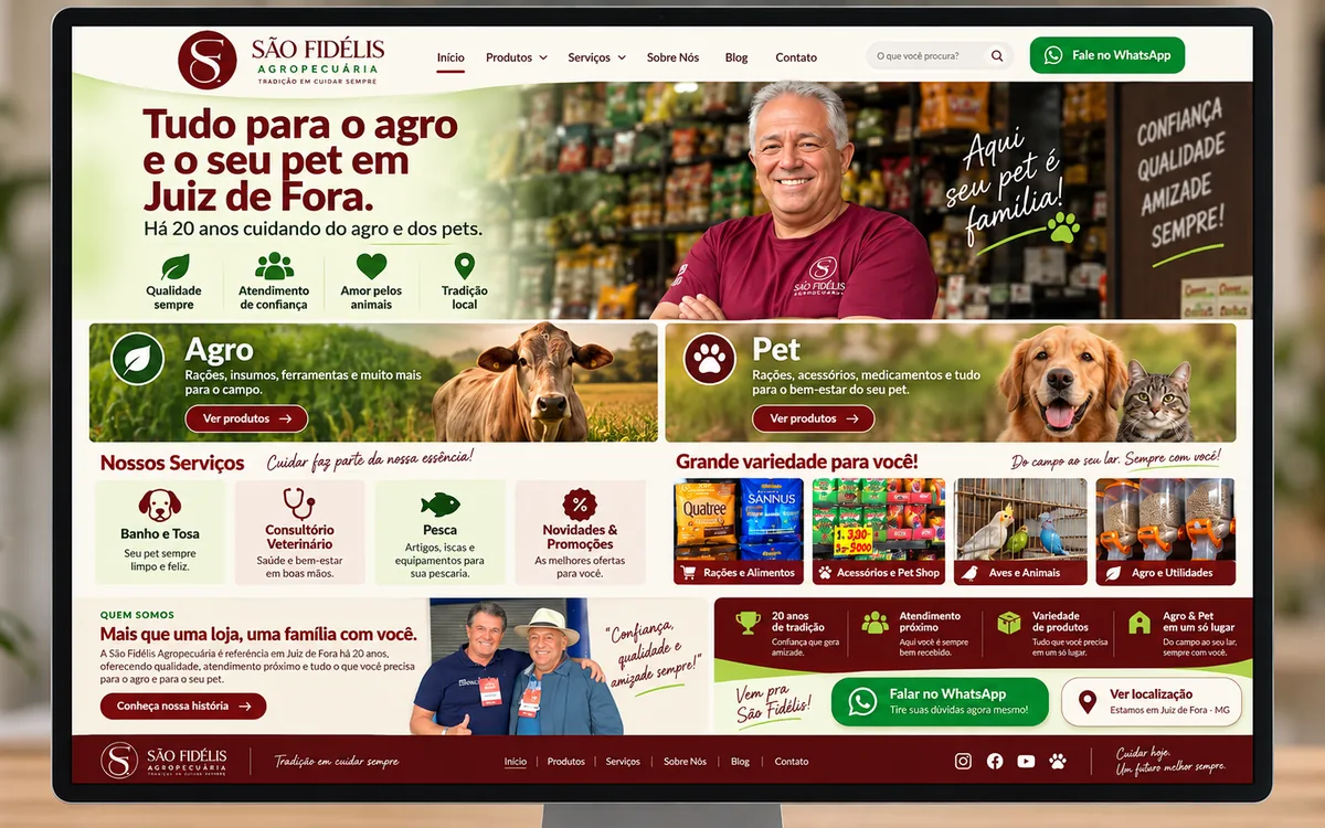 Conceito de site da São Fidélis Agropecuária em tela de computador, com seções de agro, pet e serviços