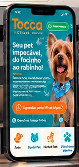 Conceito mobile da Tocca Estética Animal: tela de celular com cachorro e botão de agendamento pelo WhatsApp