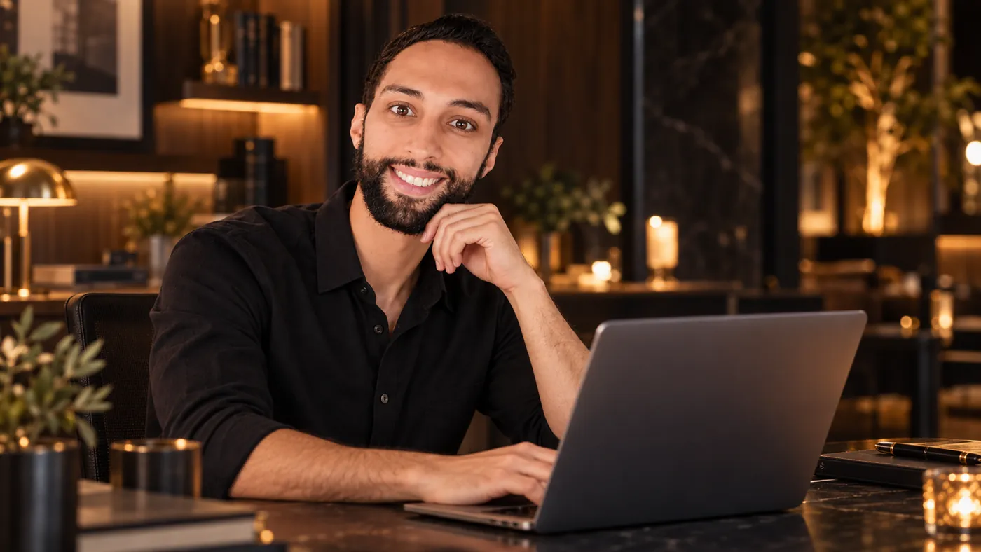 Thiago Silvestre sorrindo, trabalhando no notebook