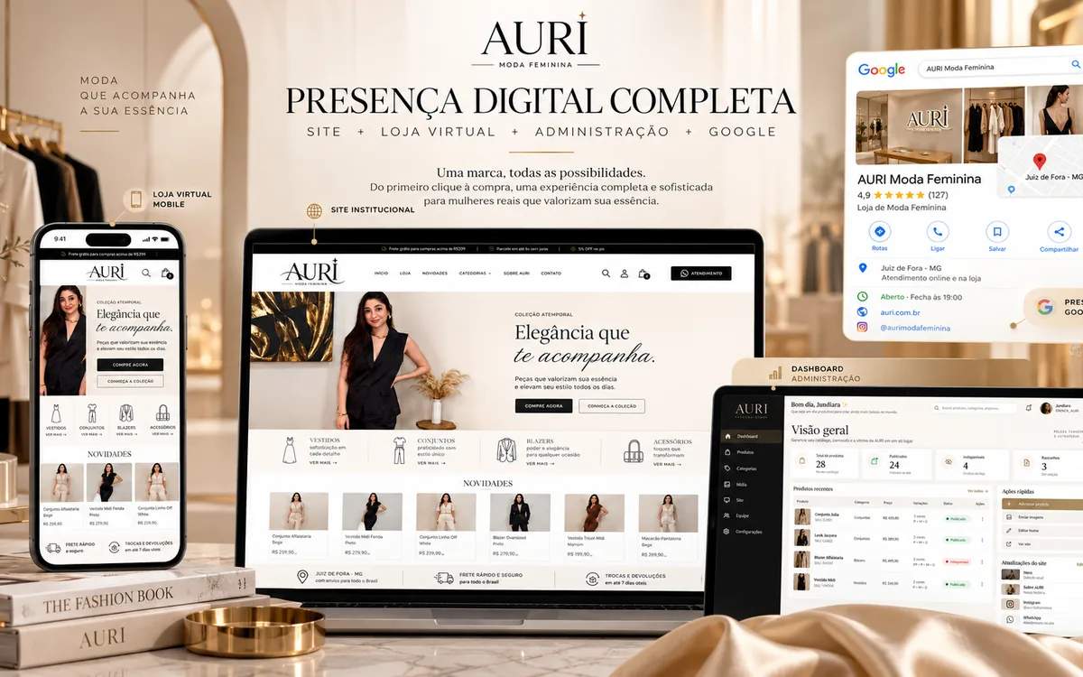 Presença digital da Auri Moda Feminina: site, loja no celular, painel de administração e Perfil da Empresa no Google