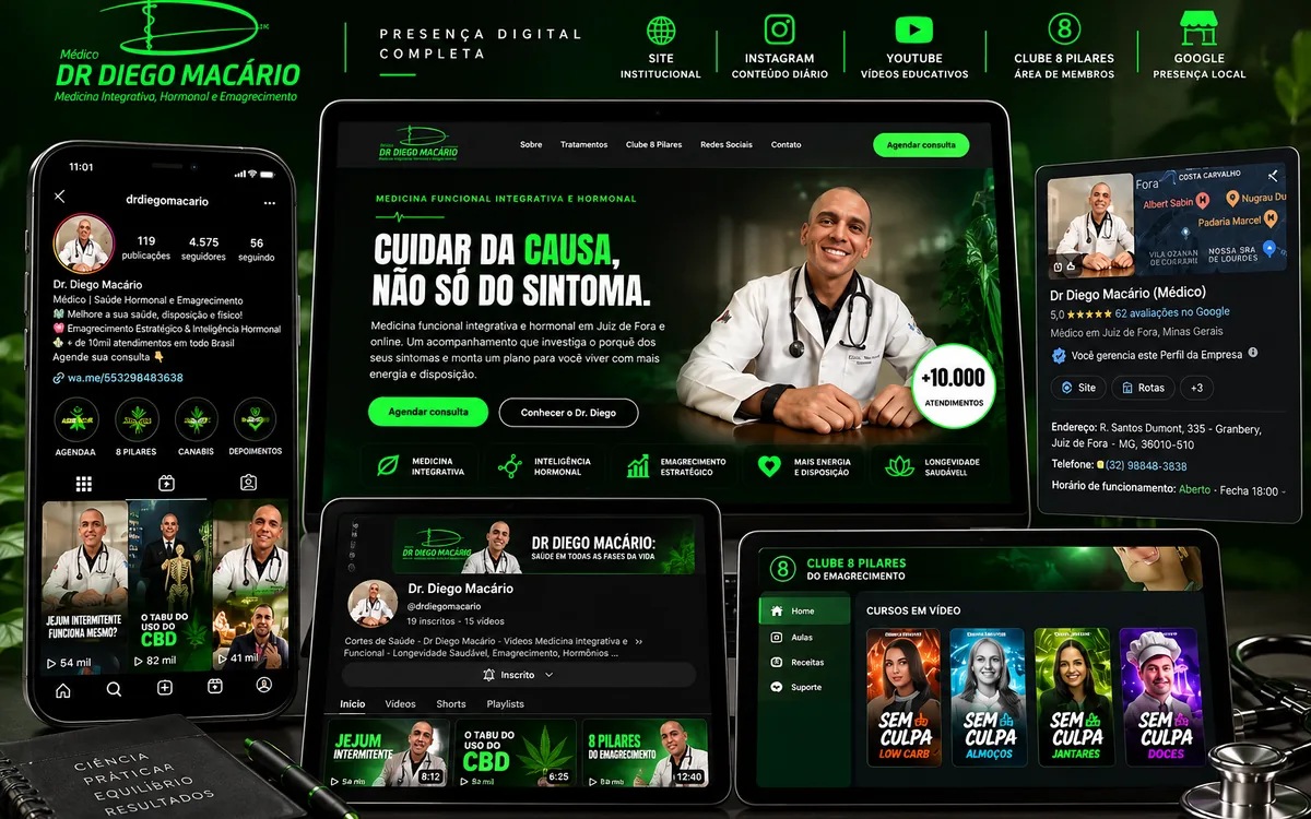 Presença digital do Dr. Diego Macário: site, Instagram, canal no YouTube, área de membros Clube 8 Pilares e Perfil da Empresa no Google